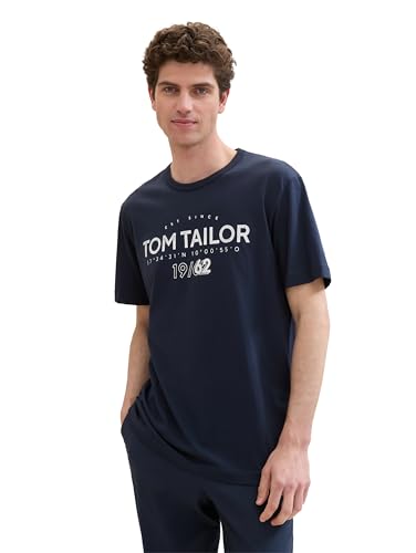 TOM TAILOR Herren Basic T-Shirt mit Logo-Print, Dark Blue, S von TOM TAILOR