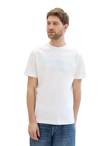 TOM TAILOR Herren Basic T-Shirt mit Logo-Print, White, M von TOM TAILOR