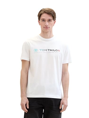 TOM TAILOR Herren Basic T-Shirt mit Logo-Print, White, XXL von TOM TAILOR
