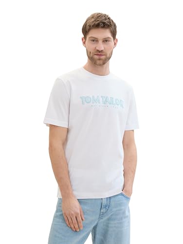 TOM TAILOR Herren Basic T-Shirt mit Logo-Print, White, XXL von TOM TAILOR