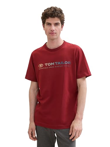 TOM TAILOR Herren Basic T-Shirt mit Logo-Print, burgundy dark red, M von TOM TAILOR