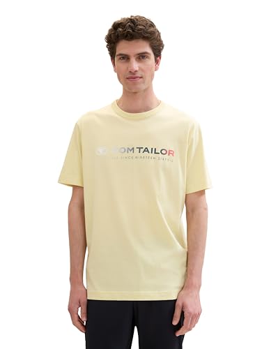 TOM TAILOR Herren Basic T-Shirt mit Logo-Print, light yellow, L von TOM TAILOR