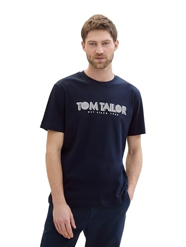 TOM TAILOR Herren Basic T-Shirt mit Logo-Print, sky captain blue, L von TOM TAILOR
