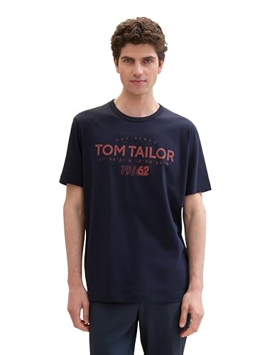 TOM TAILOR Herren Basic T-Shirt mit Logo-Print, sky captain blue, M von TOM TAILOR