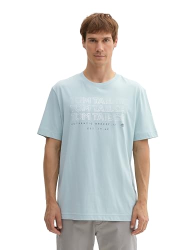TOM TAILOR Herren Basic T-Shirt mit Logo-Print,30463 - Dusty Mint Blue, L von TOM TAILOR