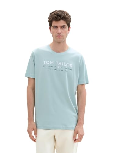 TOM TAILOR Herren Basic T-Shirt mit Logo-Print,30463 - Dusty Mint Blue, M von TOM TAILOR