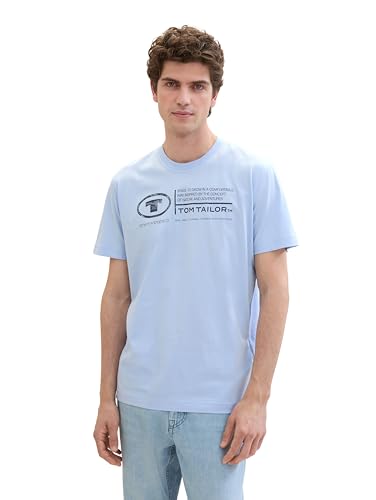 TOM TAILOR Herren Basic T-Shirt mit Print aus Baumwolle, windsurf blue, L von TOM TAILOR