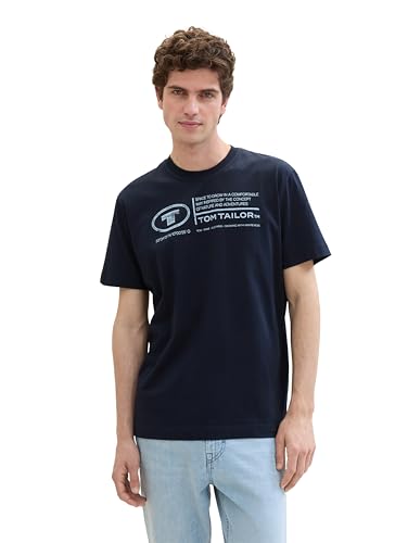 TOM TAILOR Herren Basic T-Shirt mit Print aus Baumwolle, Dark Blue, L von TOM TAILOR