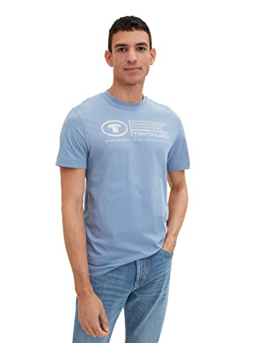 TOM TAILOR Herren Basic T-Shirt mit Print aus Baumwolle, Greyish Mid Blue, M von TOM TAILOR