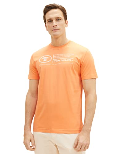 TOM TAILOR Herren Basic T-Shirt mit Print aus Baumwolle, fruity melon orange, L von TOM TAILOR