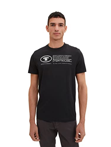 TOM TAILOR Herren Basic T-Shirt mit Print aus Baumwolle, 29999 - Black, S von TOM TAILOR