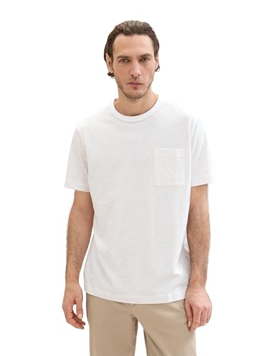 TOM TAILOR Herren Basic T-Shirt mit Streifen und Brusttasche, white fine stripe, L von TOM TAILOR