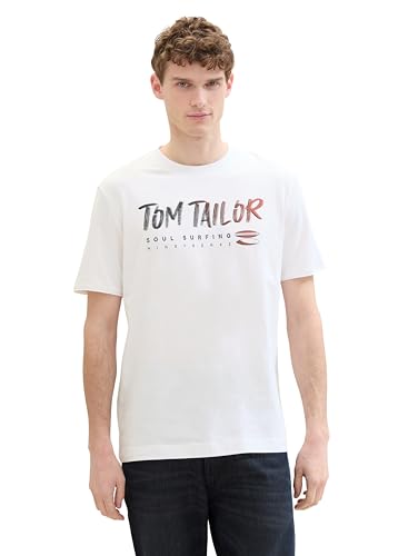 TOM TAILOR Herren Basic T-Shirt mit Text-Print, White, XXXL von TOM TAILOR