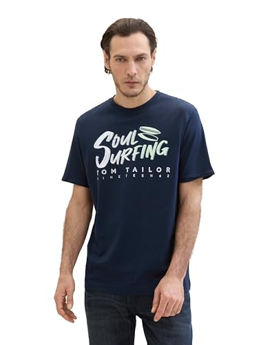 TOM TAILOR Herren Basic T-Shirt mit Text-Print, sky captain blue, XXXL von TOM TAILOR