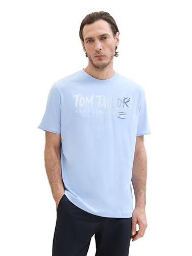TOM TAILOR Herren Basic T-Shirt mit Text-Print, windsurf blue, L von TOM TAILOR