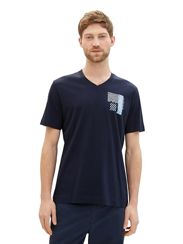 TOM TAILOR Herren Basic T-Shirt mit V-Ausschnitt und kleinem Print, 10668 - Sky Captain Blue, XXL von TOM TAILOR