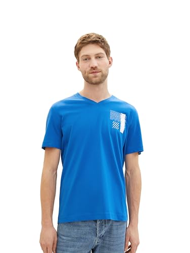 TOM TAILOR Herren Basic T-Shirt mit V-Ausschnitt und kleinem Print, 12393 - Sure Blue, XXXL von TOM TAILOR