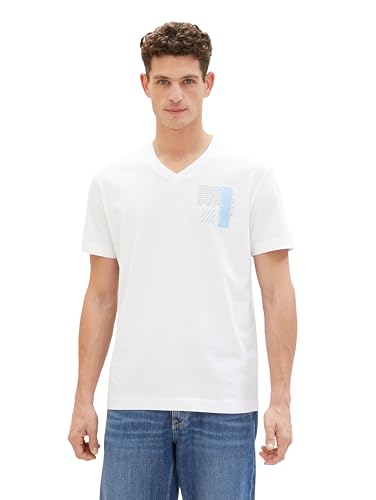 TOM TAILOR Herren Basic T-Shirt mit V-Ausschnitt und kleinem Print, 20000 - White, XXL von TOM TAILOR