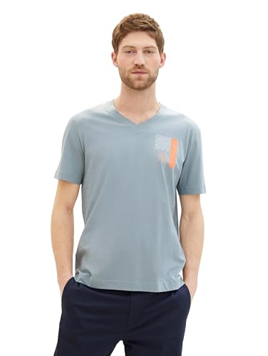 TOM TAILOR Herren Basic T-Shirt mit V-Ausschnitt und kleinem Print, 27475 - Grey Mint, XL von TOM TAILOR