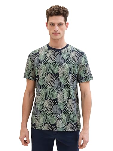TOM TAILOR Herren Basic T-Shirt mit sommerlichem Muster, 35095 - Navy Multicolor Leaf Design, M von TOM TAILOR