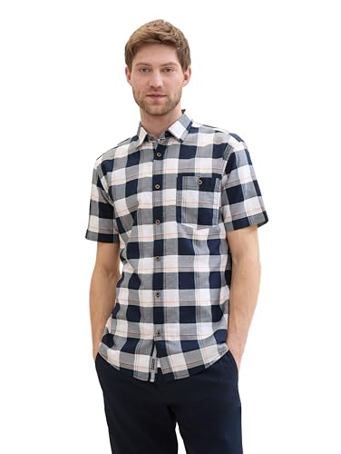 TOM TAILOR Herren Basic Tailliertes Hemd mit Karomuster, navy multicol structure check, XXL von TOM TAILOR