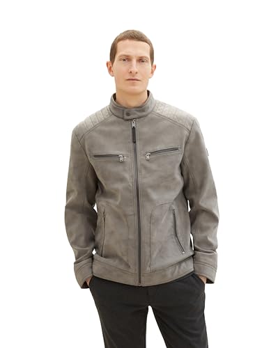 TOM TAILOR Herren Bikerjacke aus Velours, 26306 - Stone Grey Fake Leather, XL von TOM TAILOR