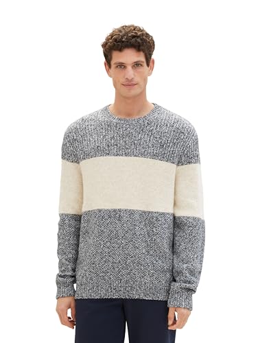 TOM TAILOR Herren Colorblock Strickpullover, beige navy multi structure, S von TOM TAILOR