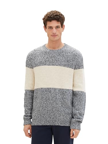 TOM TAILOR Herren Colorblock Strickpullover, beige navy multi structure, XXL von TOM TAILOR