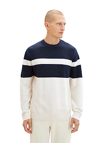 TOM TAILOR Herren 1038207 Colourblock Strick-Pullover aus Baumwolle, 32725-beige Navy Multi Structure, L von TOM TAILOR