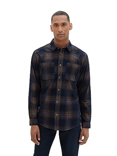 TOM TAILOR Herren Regular Fit Cord-Hemd mit Karo-Muster, navy colorful structured check, L von TOM TAILOR