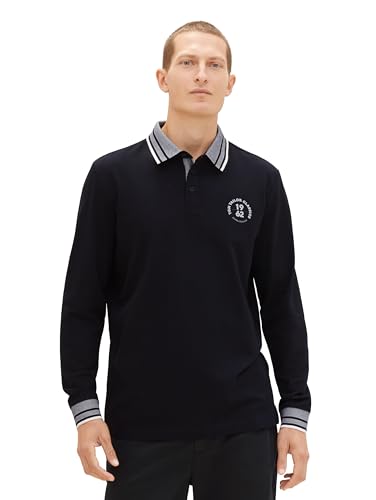 TOM TAILOR Herren Longsleeve Poloshirt aus Stretch Piqué, Black, XL von TOM TAILOR