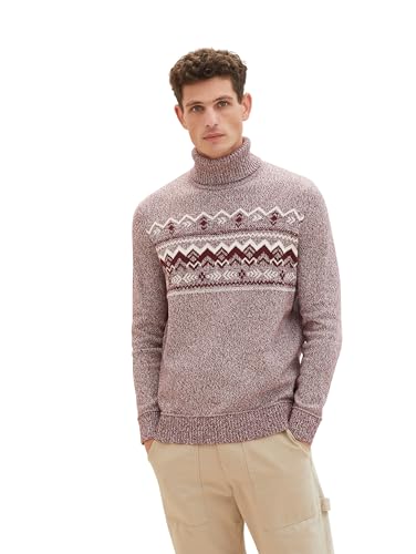 TOM TAILOR Herren Norweger Pullover mit Rollkragen, tawny port white twotone, S von TOM TAILOR