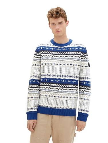 TOM TAILOR Herren Norweger Strickpullover mit Jaquard-Muster, blue white multicolor jacquard, M von TOM TAILOR