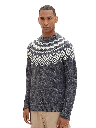 TOM TAILOR Herren Norweger Strickpullover mit Jaquard-Muster, sky captain twotone neps, M von TOM TAILOR