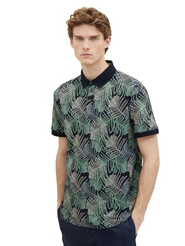 TOM TAILOR Herren Piqué Poloshirt mit Muster, 35095 - Navy Multicolor Leaf Design, L von TOM TAILOR