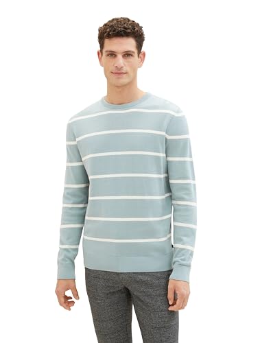 TOM TAILOR Herren Pullover mit Streifen aus Baumwolle, mint blue beige melange stripe, L von TOM TAILOR