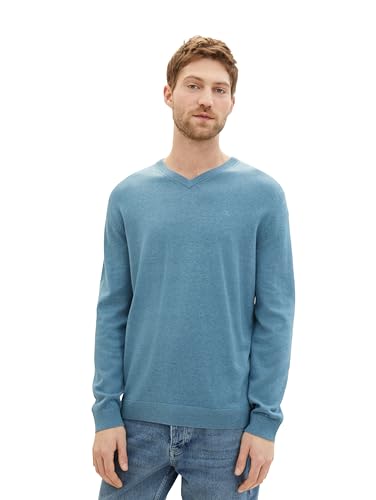 TOM TAILOR Herren Basic Pullover mit V-Ausschnitt aus Baumwolle,34138 - Blue Water Melange, M von TOM TAILOR