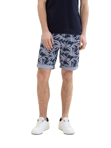 TOM TAILOR Herren Regular Fit Chino Shorts mit Alloverprint, navy brushed leaf design, 33 von TOM TAILOR