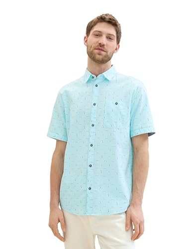 TOM TAILOR Herren Regular Fit Kurzarm-Hemd mit Brusttasche, turquoise orange slice design, L von TOM TAILOR