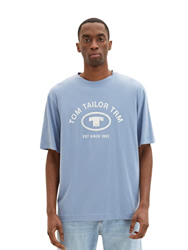 TOM TAILOR Herren Relaxed Fit T-Shirt mit Logo-Print 1035618, 12364 - Greyish Mid Blue, M von TOM TAILOR