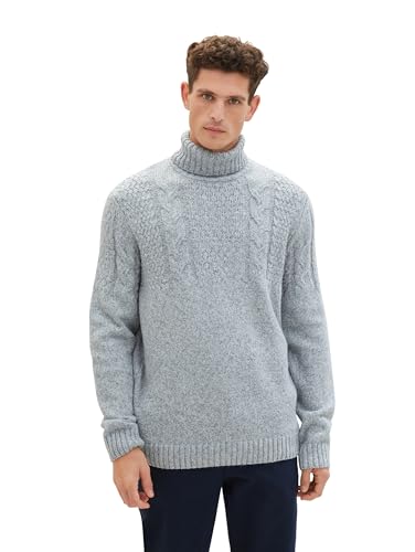 TOM TAILOR Herren Rollkragen-Pullover mit Zopfmuster, mint grey white twotone, M von TOM TAILOR