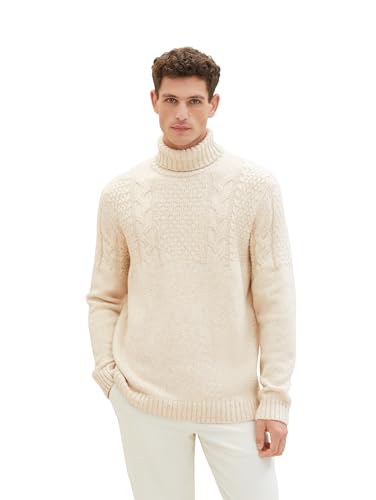 TOM TAILOR Herren Rollkragen-Pullover mit Zopfmuster, white beige twotone, S von TOM TAILOR