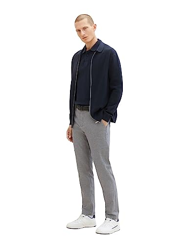 TOM TAILOR Herren Slim Fit Chino Hose aus Stretch Piqué mit Gürtel, 32284 - White Navy Zig Zag Structure, 36/36 von TOM TAILOR