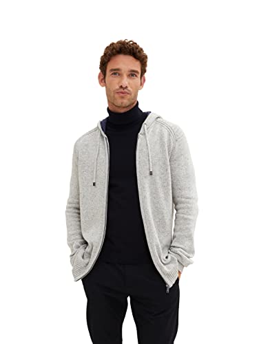 TOM TAILOR Herren Strickjacke mit Kapuze 1033659, 30660 - Grey Melange Knitted Neps, L von TOM TAILOR