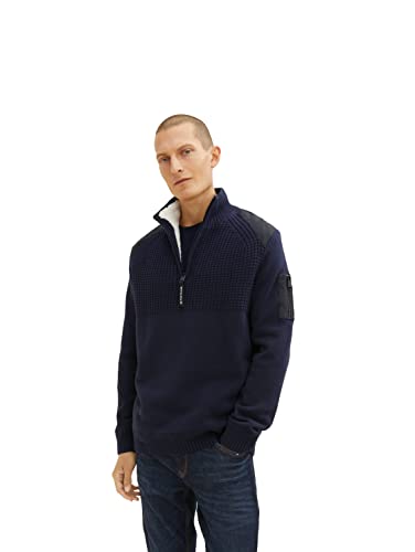 TOM TAILOR Herren Strickpullover Troyer mit Teddyfell 1033531, 13160 - Knitted Navy Melange, 3XL von TOM TAILOR