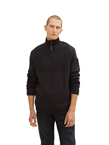 TOM TAILOR Herren Strickpullover Troyer mit Teddyfell 1033531, 29999 - Black, M von TOM TAILOR