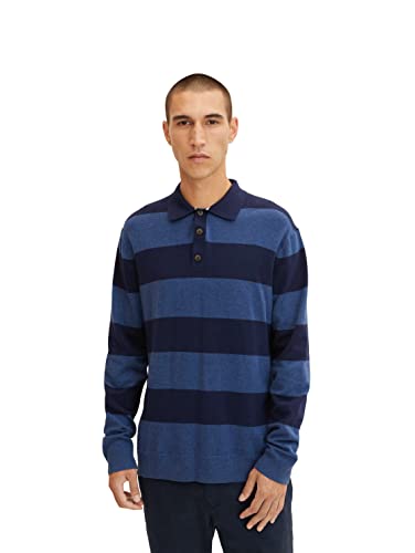 TOM TAILOR Herren Strickpullover mit Kragen & Streifen 1032281, 30245 - Blue Navy Block Stripe, XXL von TOM TAILOR