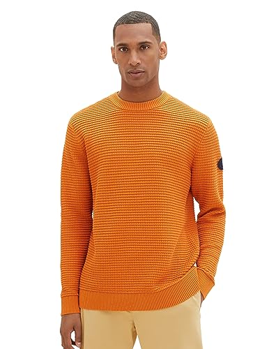 TOM TAILOR Herren Strickpullover mit Struktur aus Baumwolle, tomato cream orange, M von TOM TAILOR