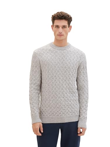 TOM TAILOR Herren Strickpullover mit Zopfmuster, Grey Heather Melange, L von TOM TAILOR