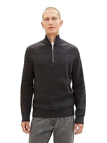 TOM TAILOR Herren 1038315 Strukturierter Strick-Pullover mit Troyer-Kragen, 10617-Black Grey Melange, L von TOM TAILOR